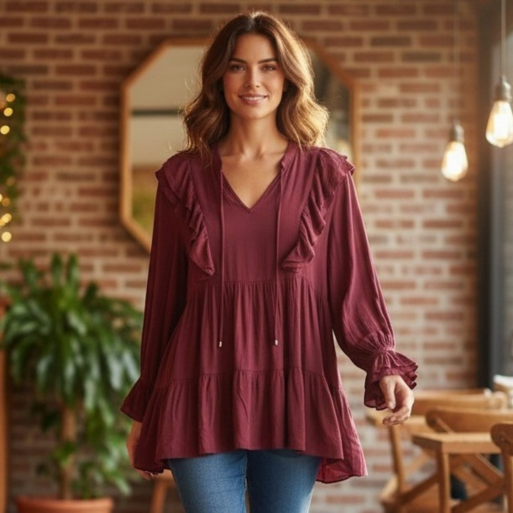 Flawless Women Y2K Ruffle Tiered Babydoll Boho Cottagecore Top Size L Dark Roman